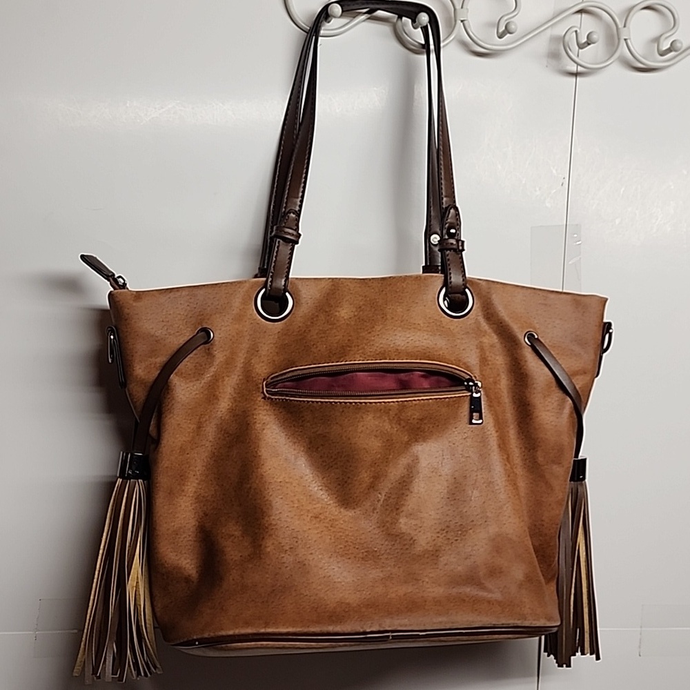 Sam & Hadley Large Studded Cognac & Brown 100% PVC Handbag with Tassel Accents - Picture 4 of 13